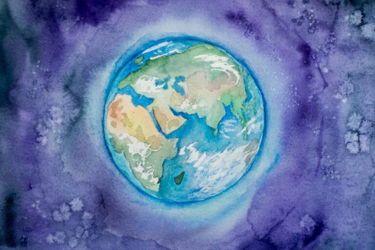 A watercolour painting of Earth set against a purple and blue space background, highlighting continents and clouds with soft, blended colours—an inspiring reminder for businesses to reduce carbon footprint for a healthier planet.