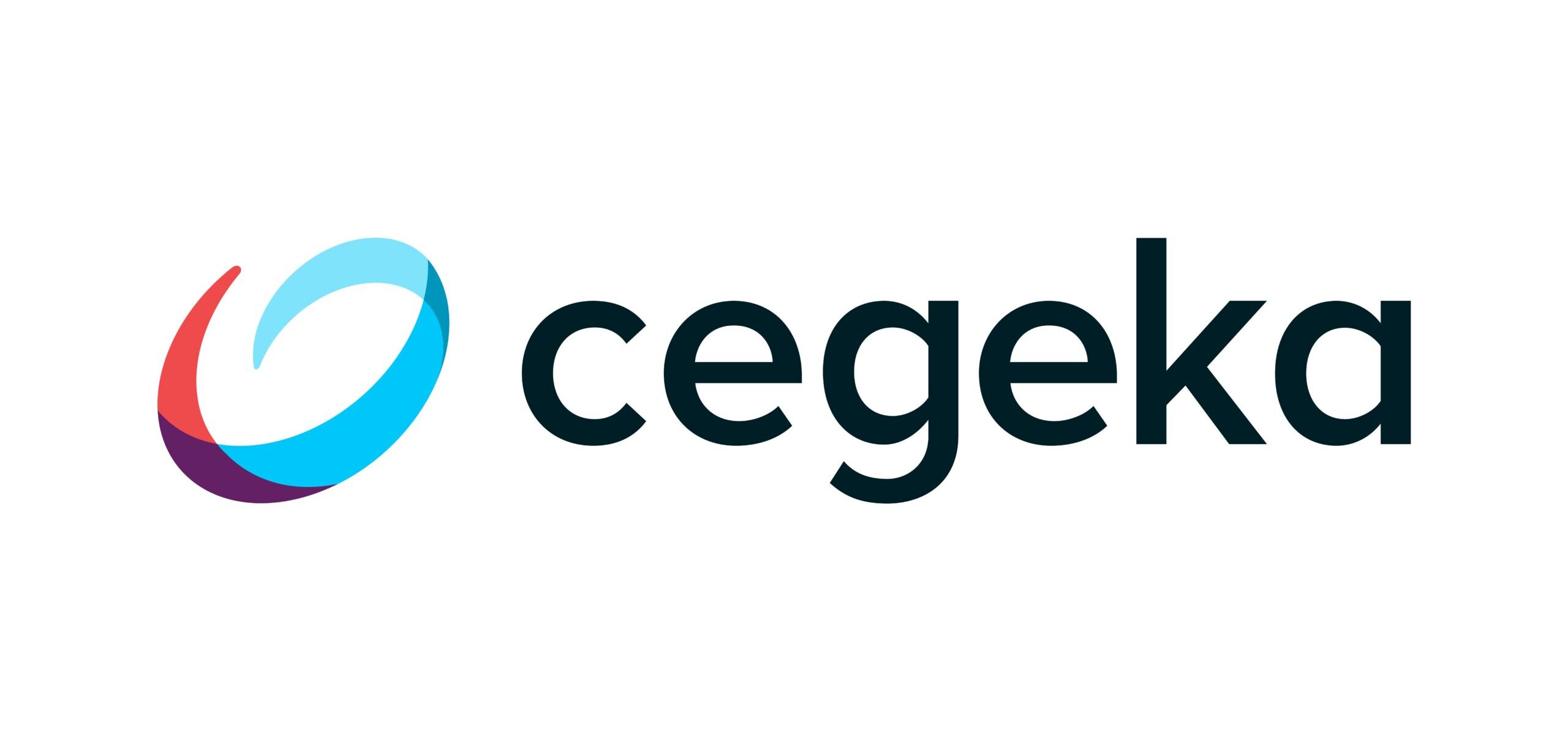 Cegeka logo featuring a stylised, swirling circular icon in blue and red tones to the left of the word "cegeka" in lowercase black letters on a white background, symbolising innovation in Greenhouse Gas and Carbon Data solutions.