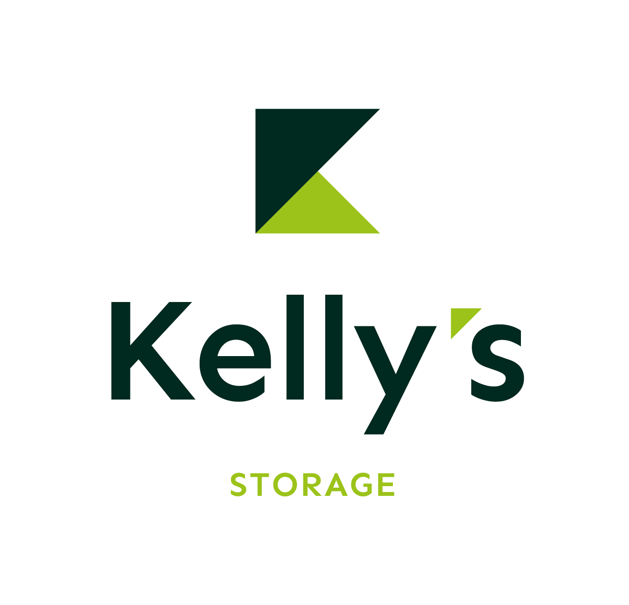 Logo for Kelly's Storage featuring a green geometric "K" above the text "Kelly's" in dark green and "STORAGE" in light green below, reflecting its roots as a sustainability consultancy UK business.