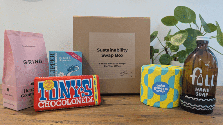 A variety of eco-friendly products—including coffee, chocolate, tea, hand soap, and toilet paper—are arranged around a cardboard box labelled "Sustainability Swap Box," offering practical solutions to cut emissions on a wooden table with a plant in the background.