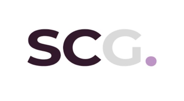 The image shows the letters "SCG" in bold font, representing Spencer Clark Group, with the "G" and a full stop in light grey and purple on a white background, reflecting a commitment to sustainability.