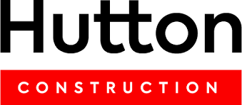 Hutton Construction logo with "Hutton" in large black letters and "Construction" in white letters on a red background below.